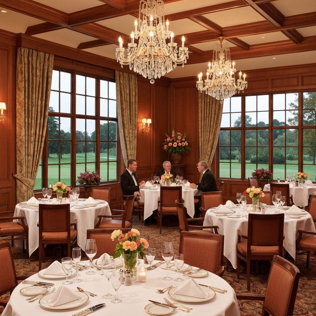 Elegant private club dining room with views of golf course