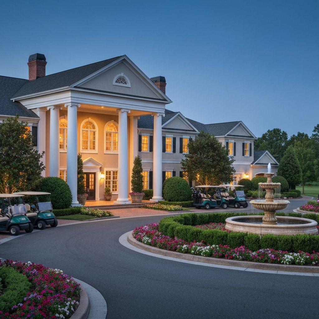 Elegant private country club clubhouse at dusk
