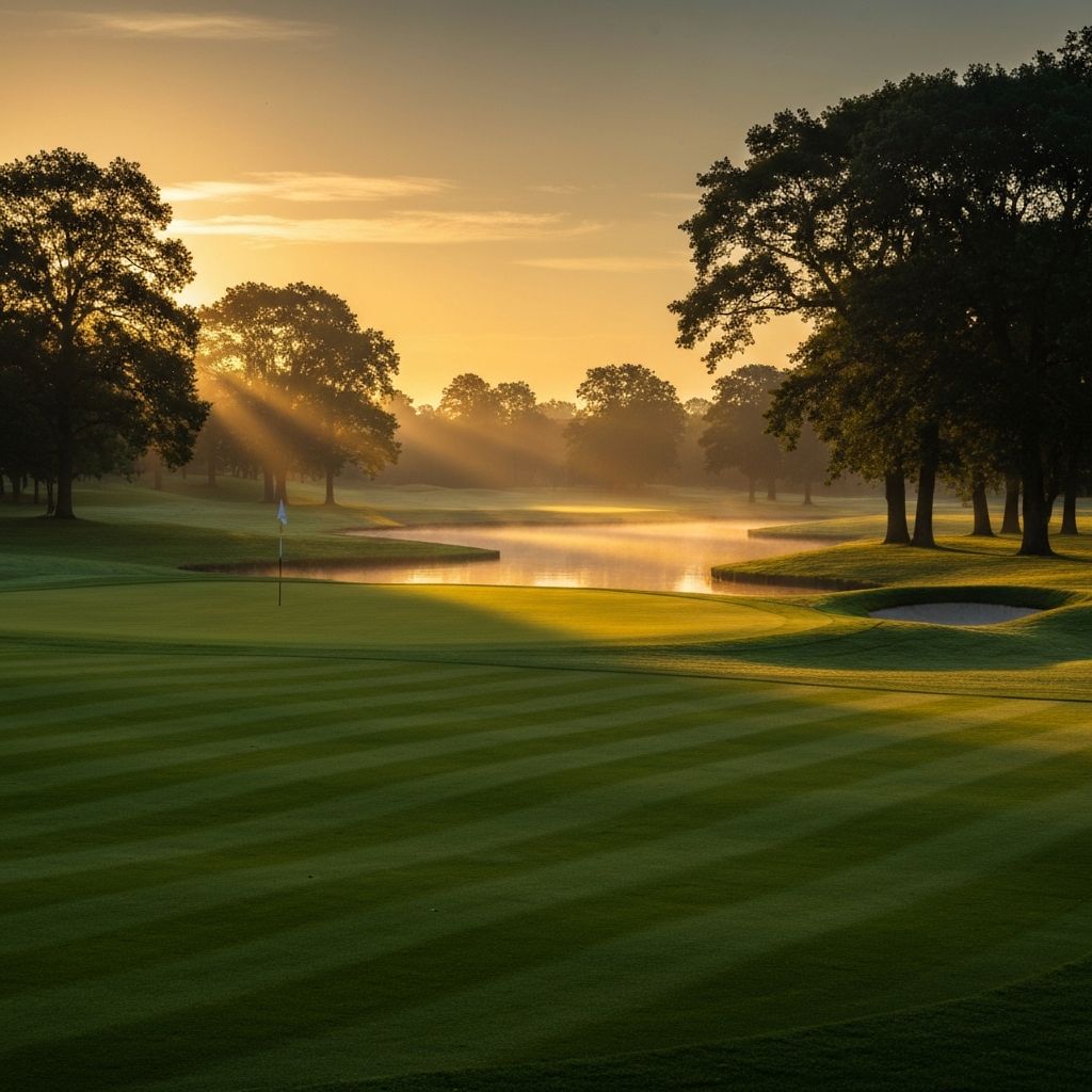 Golf course fairway at sunrise